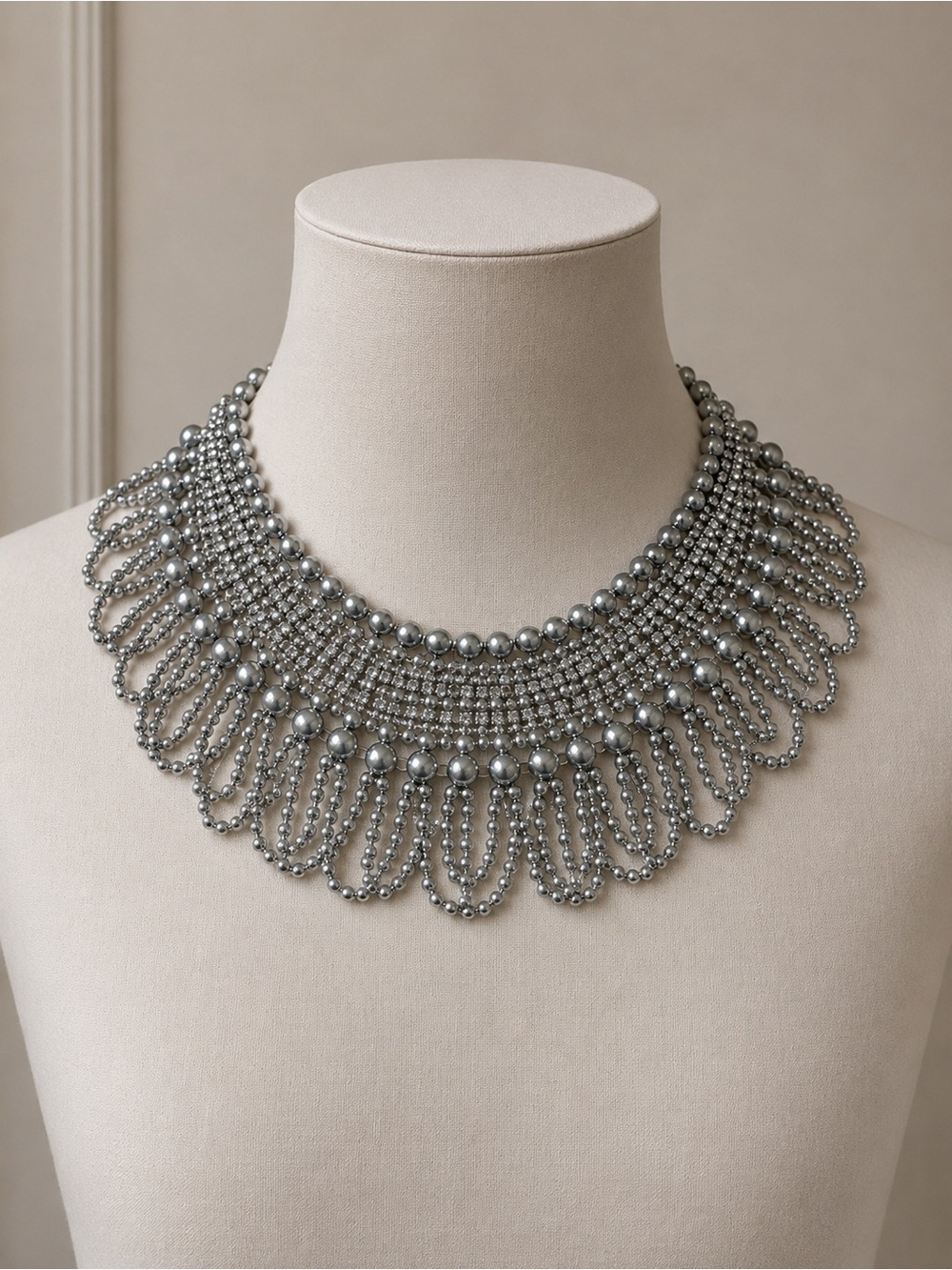 Silver Beaded Statement Collar Necklace